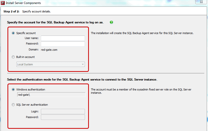 SQL Backup - Install Server Components, Step 2 of 2: Specify account details.