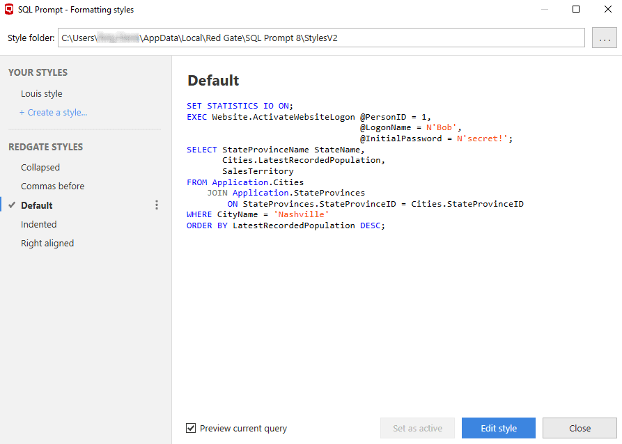SQL Prompt formatting styles 