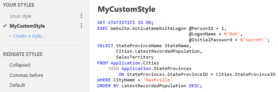 SQL Prompt formatting styles 4