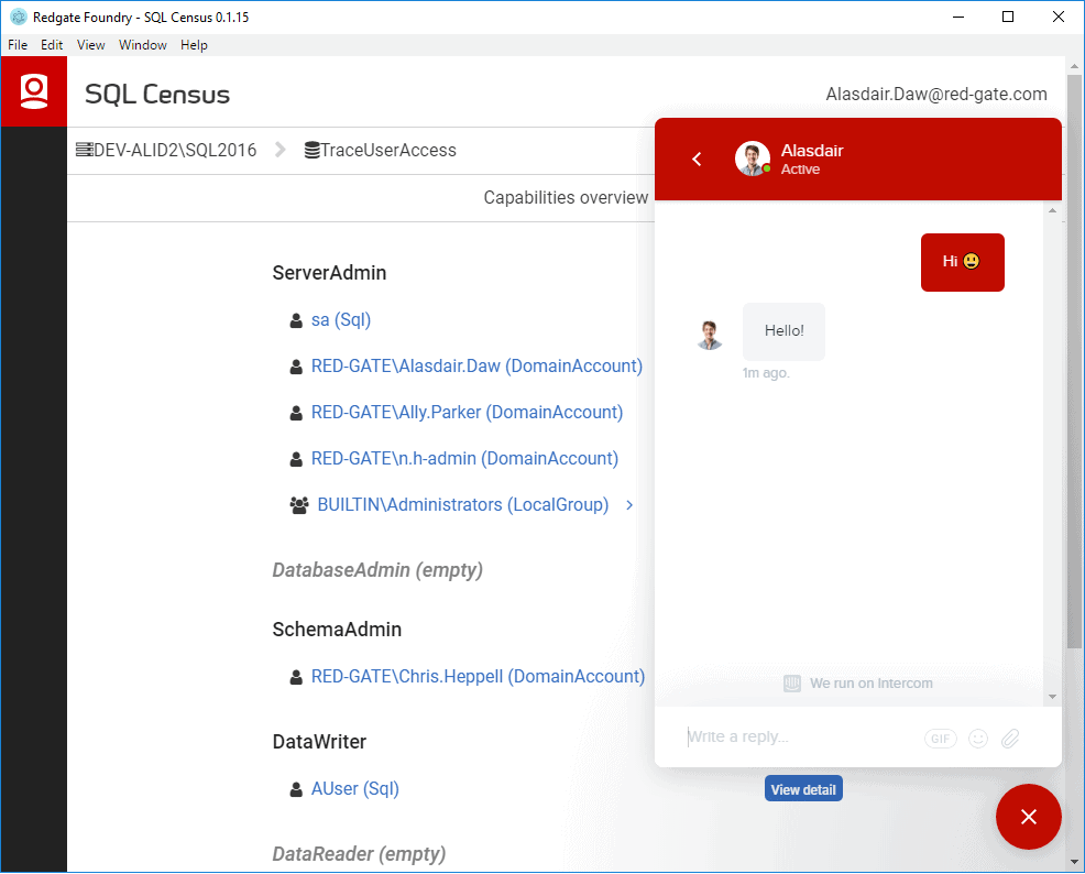 SQL Census in-app support widget