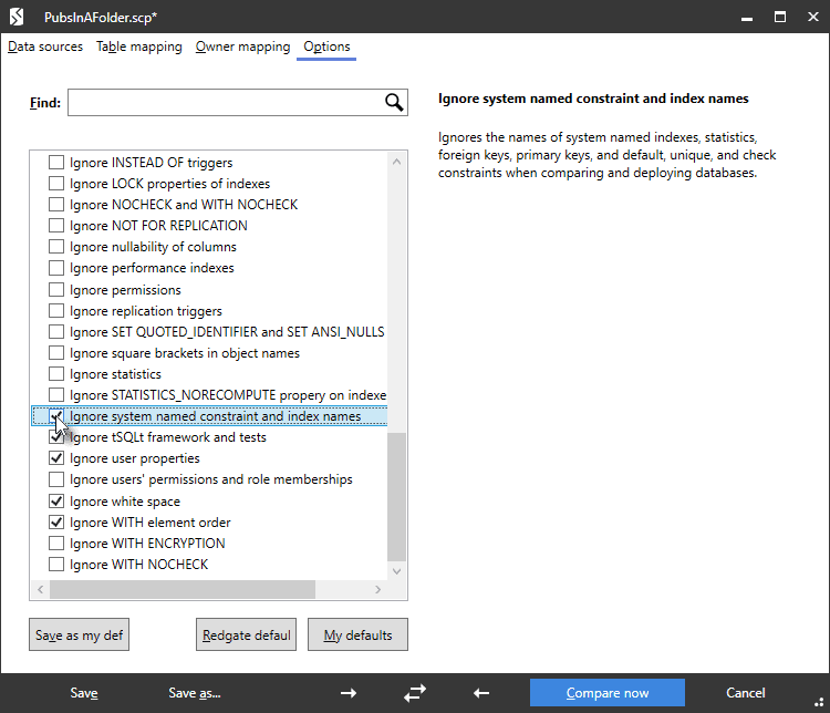 SQL Compare使用教程：在SQL比较中处理系统命名的约束