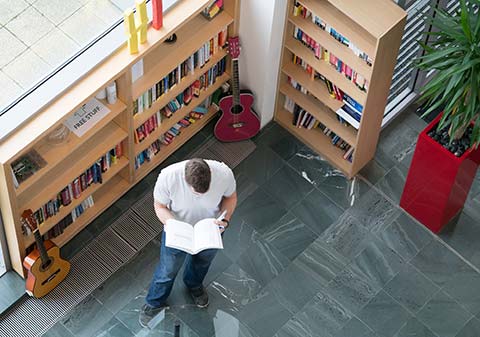 A man reading a book viewed from above