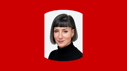 Headshot of Kellyn Gorman on a red background