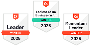G2 awards for Winter 2025 - Momentum Leader, Easiest To Do Business With, and Leader