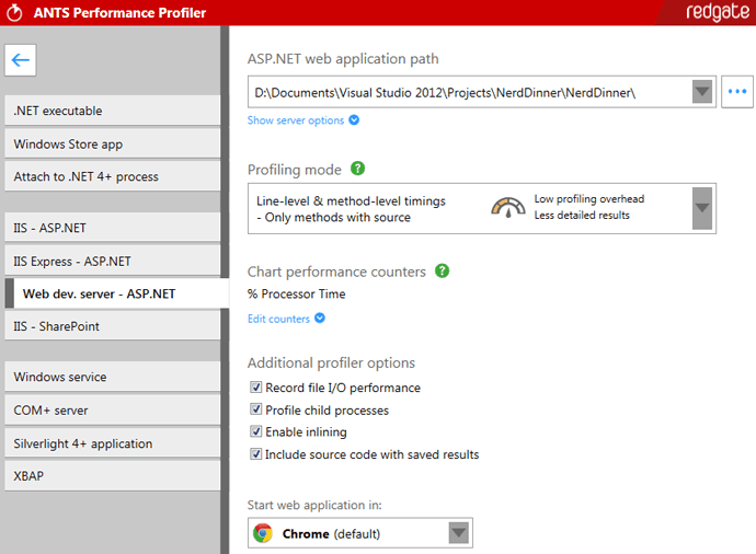 Choosing the ASP.NET profiling mode