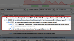 The .NET performance profiler showing C# async code in a tree view