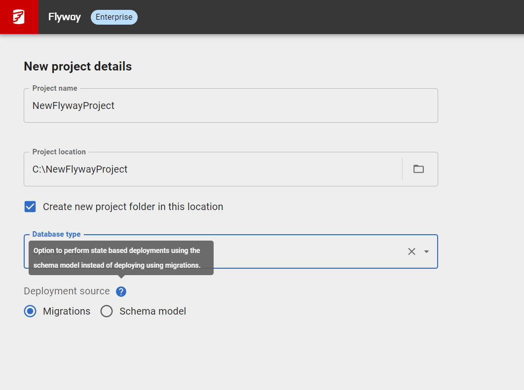 The New Project setup screen in Redgate Flyway Enterprise, showing the option to choose between a migrations- or schema-based deployment model.