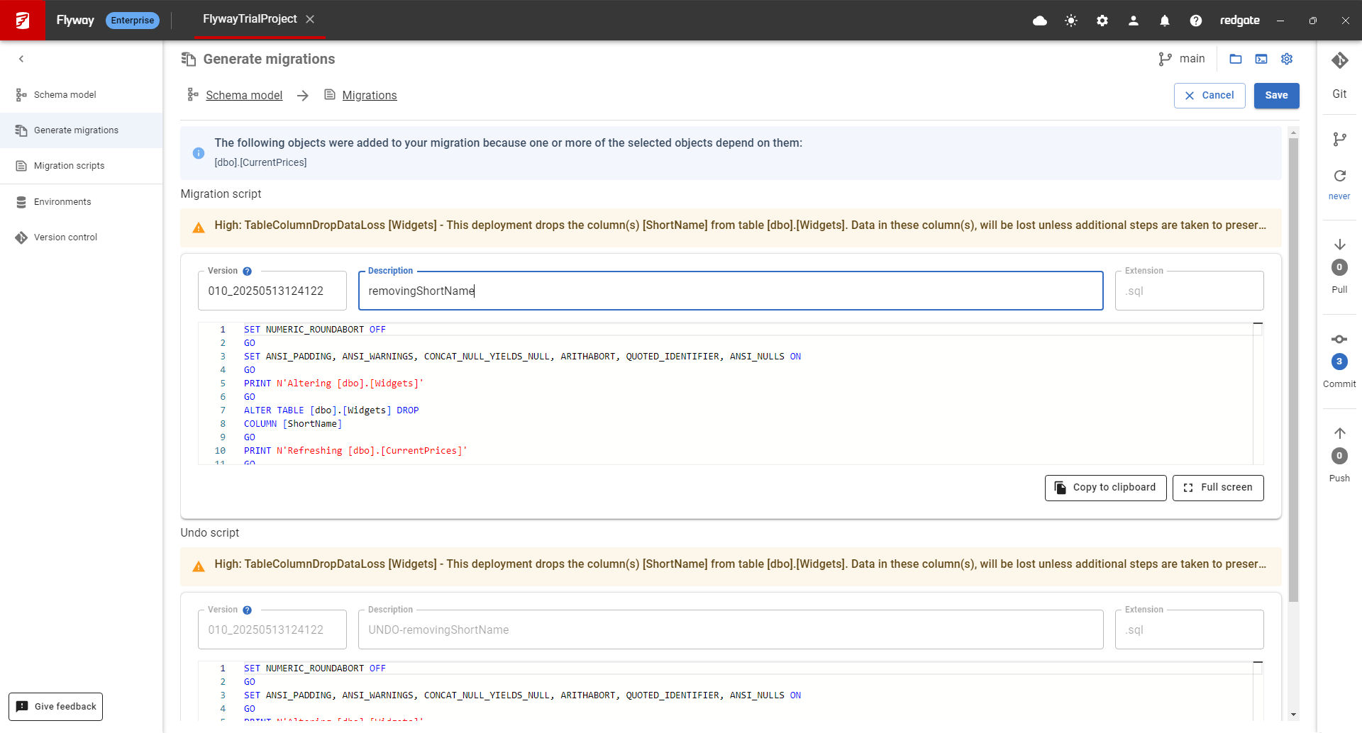 View of a migration SQL script and its corresponding undo script in Redgate Flyway Enterprise