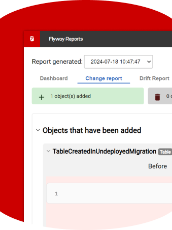 Screenshot of Flyway Reports showing objects added