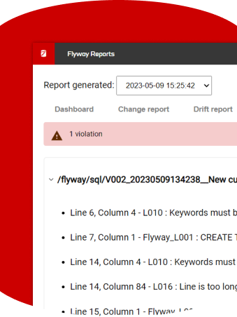 Screenshot of Flyway Reports showing an alert