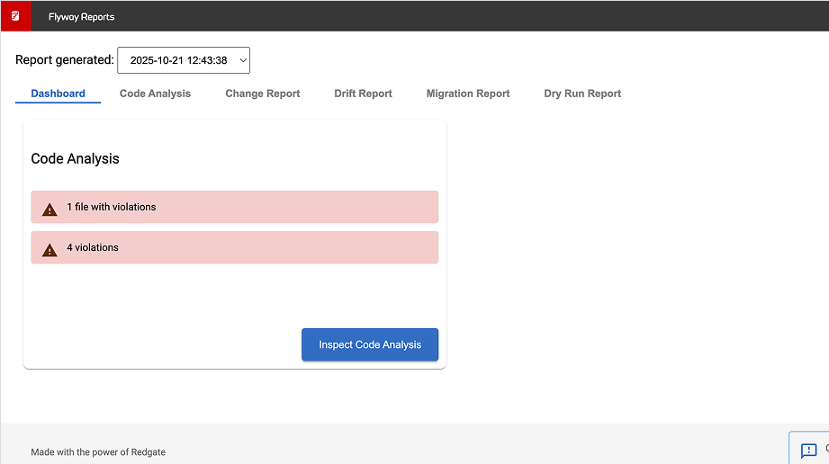 Screenshot of the Reports dashboard in Flyway showing Code Analysis alerts