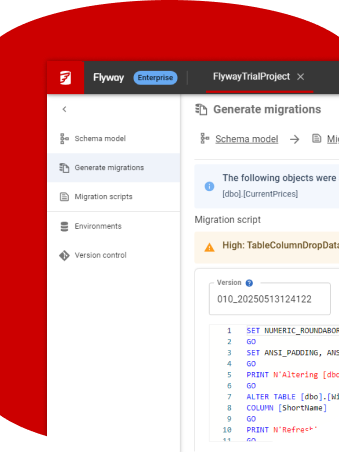 Screenshot of Redgate Flyway Enterprise generating a migration script