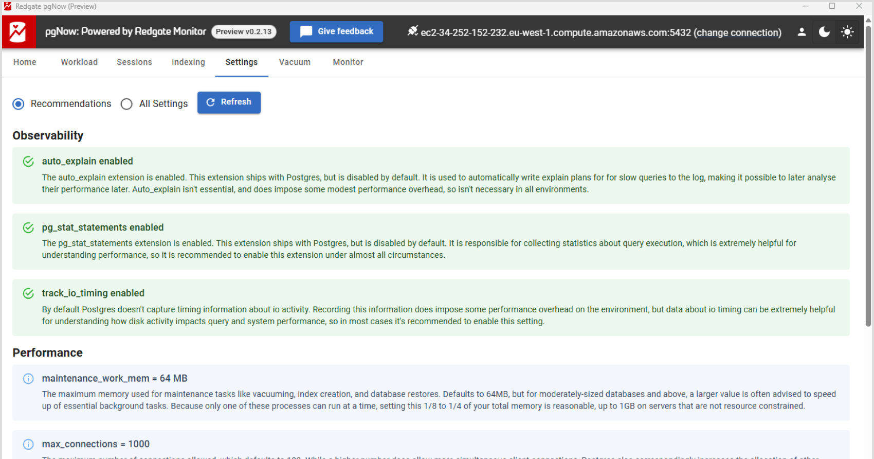 Viewing performance recommendations in Redgate pgNow
