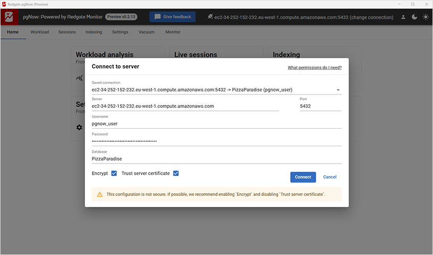 Connecting to a server in Redgate pgNow