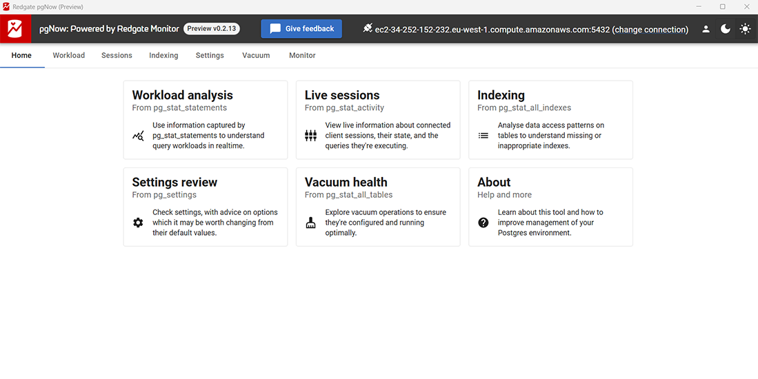 The Redgate pgNow home screen showing shortcuts to different reports.