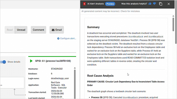 Screenshot of Redgate Monitor showing an AI Alert Analysis