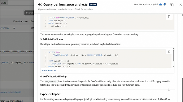 Screenshot of Redgate Monitor showing a query plan with AI analysis