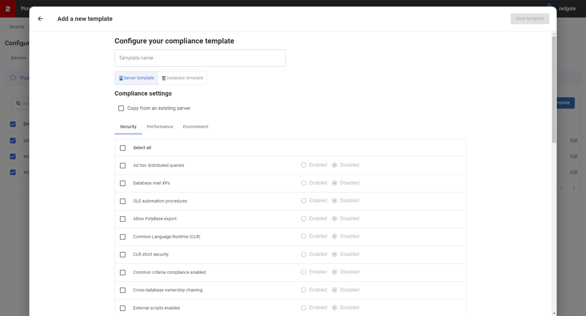 The Compliance template configuration screen in Redgate Monitor Enterprise