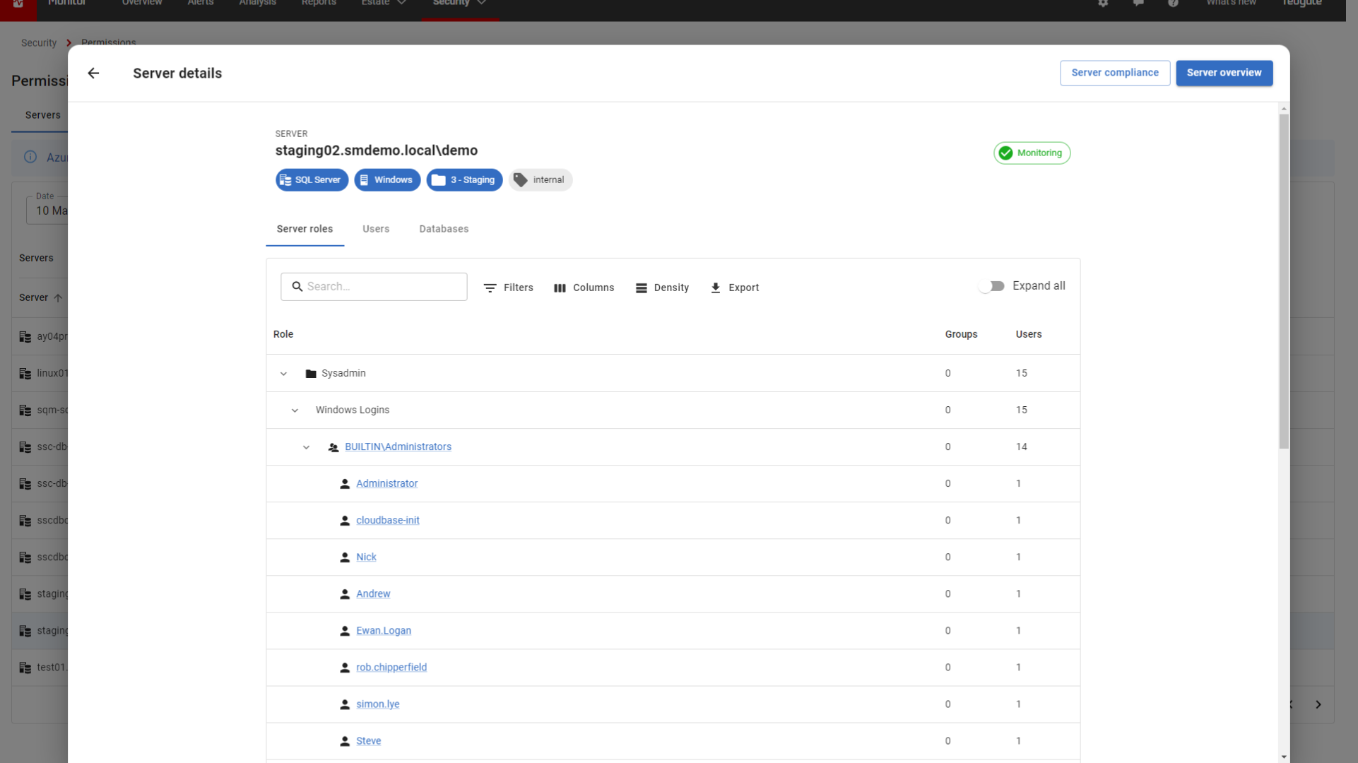 Viewing a list of administrators for a server in Redgate Monitor Enterprise