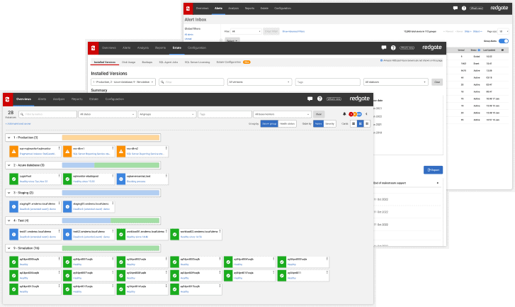 Three overlapping screenshots of Redgate Monitor