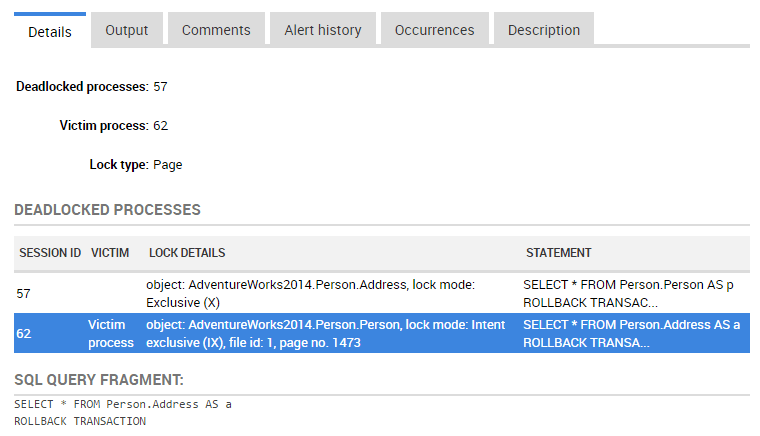 Deadlocked processes details in the Redgate Monitor UI