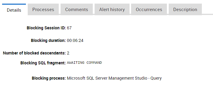 Details of a Blocking process alert in Redgate Monitor Details of a Blocking process alert in Redgate Monitor