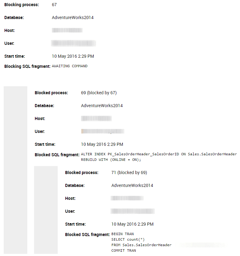 A full blocking chain, from the Processes tab of Redgate Monitor's Blocking process alert