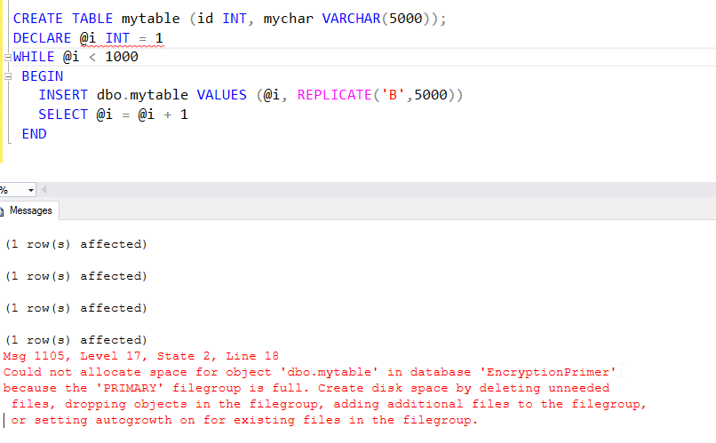 A short script to CREATE a table, with an error message about disk space