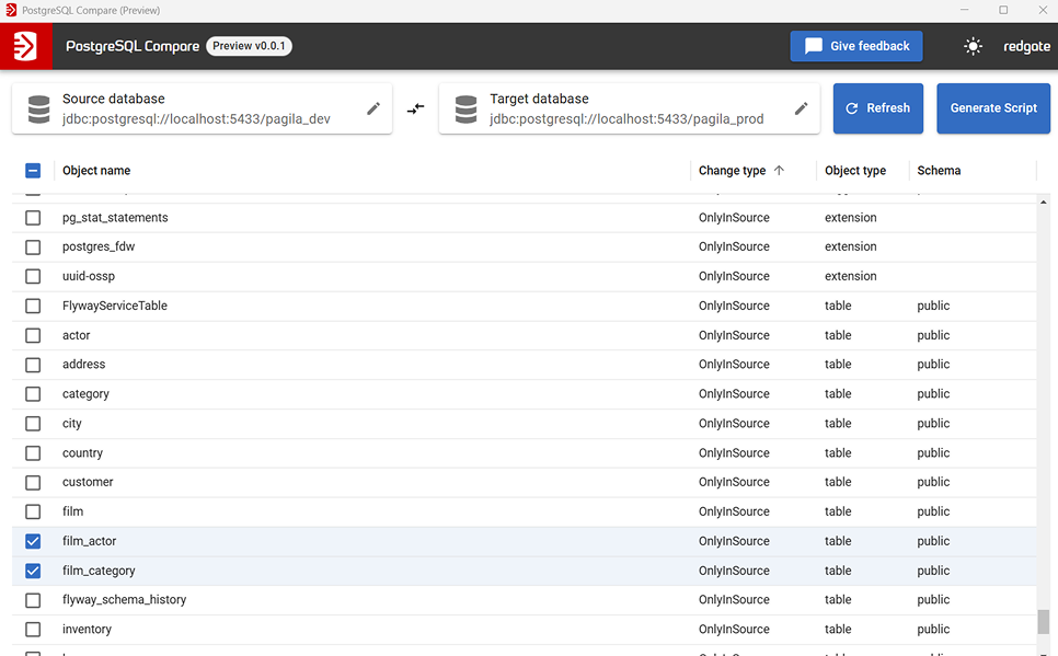 Viewing a diff between a source and target database in pgCompare