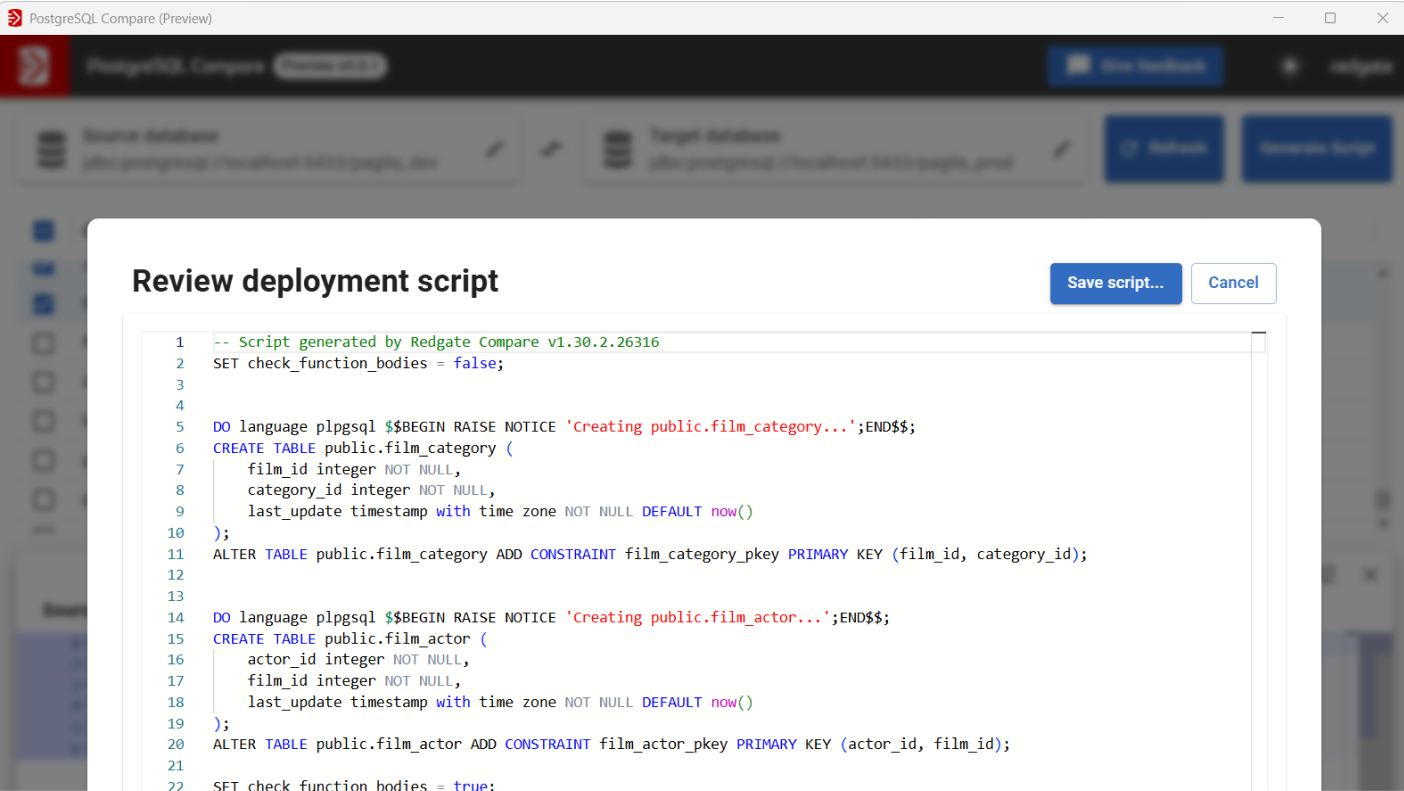 Reviewing a deployment script in Redgate pgCompare