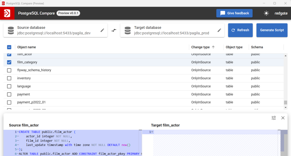 Viewing a schema comparison in Redgate pgCompare