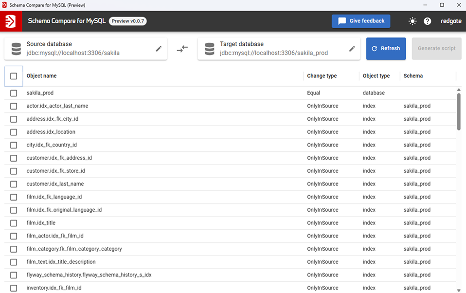 Preparing a schema deployment in Schema Compare for MySQL
