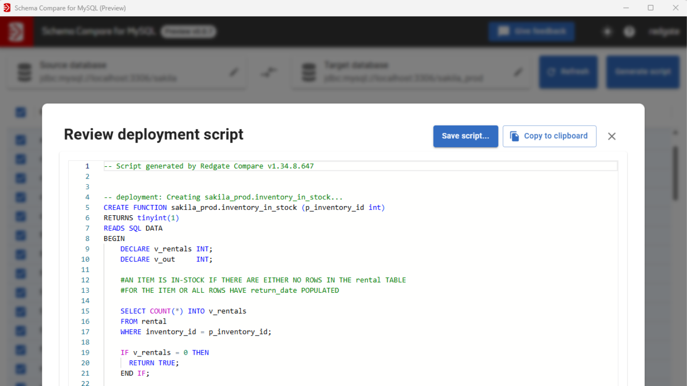 Reviewing a deployment script in Schema Compare for MySQL