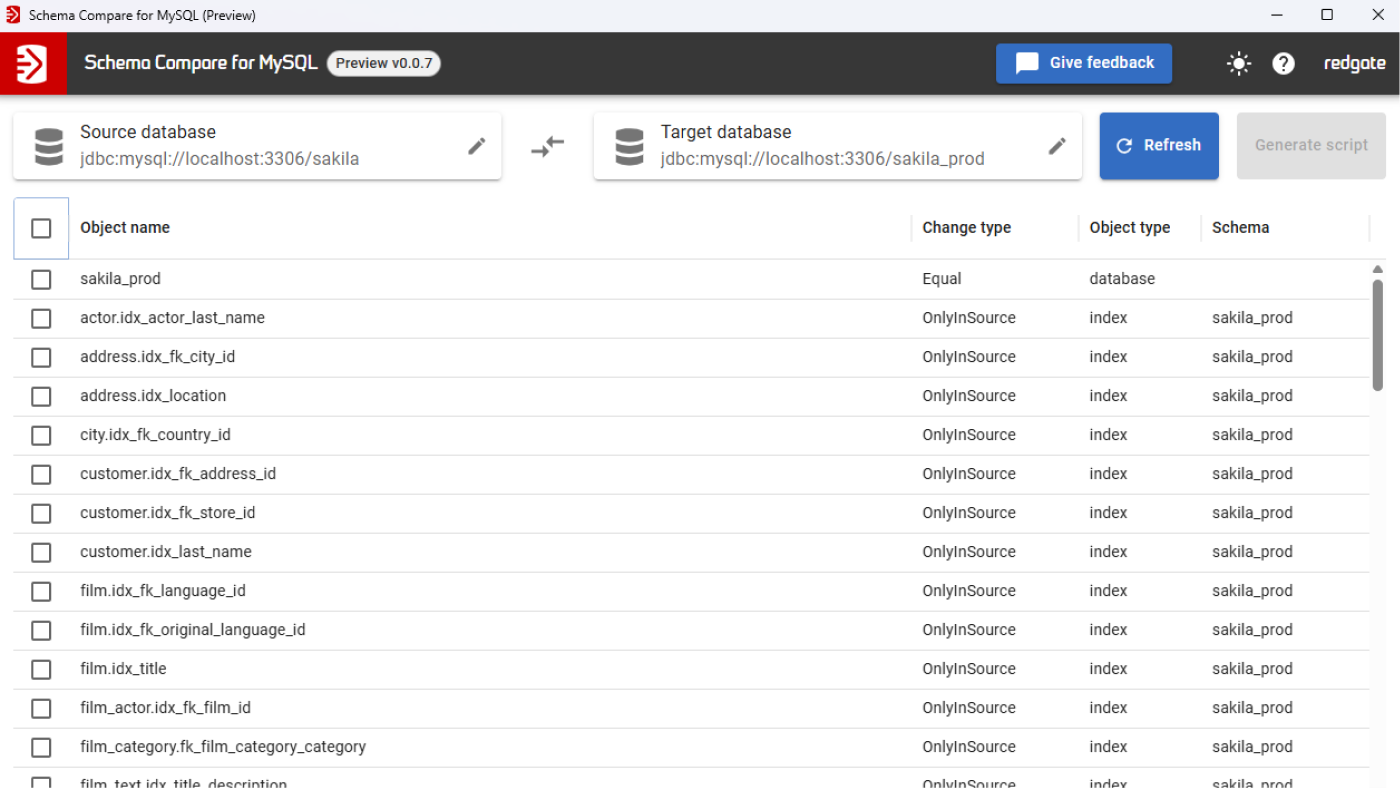 Preparing a schema deployment in Schema Compare for MySQL