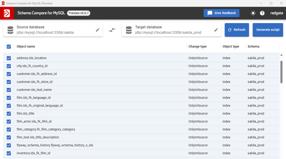 Preparing a schema deployment in Schema Compare for MySQL