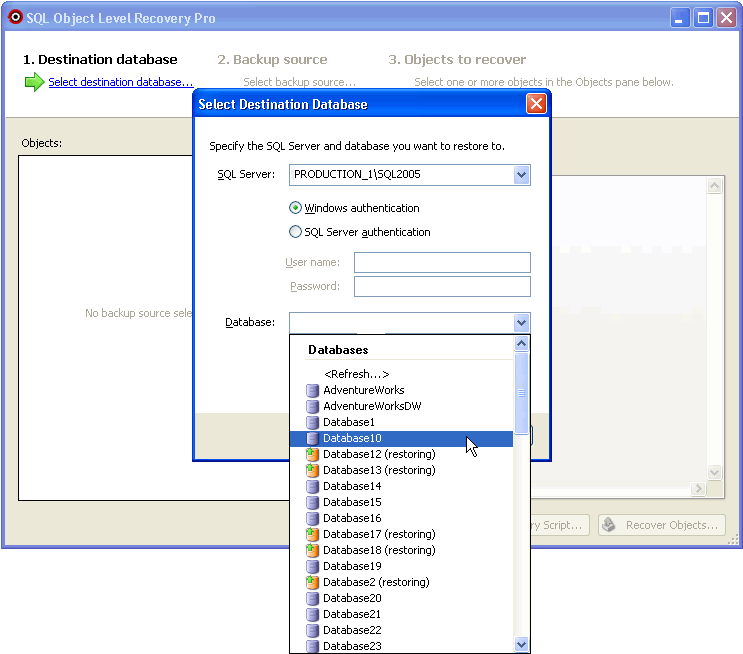 Specify the destination database