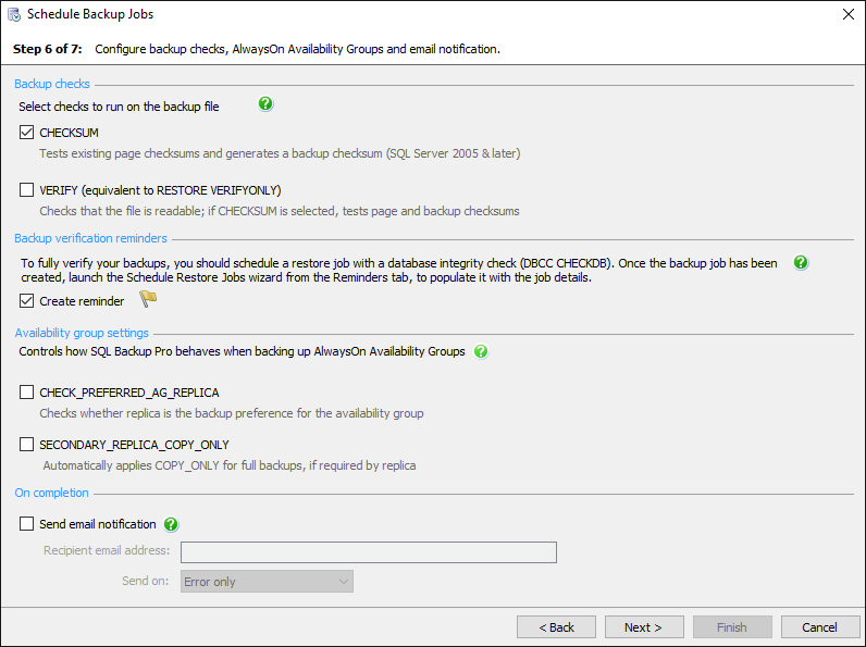 Configure backup checks and email notification