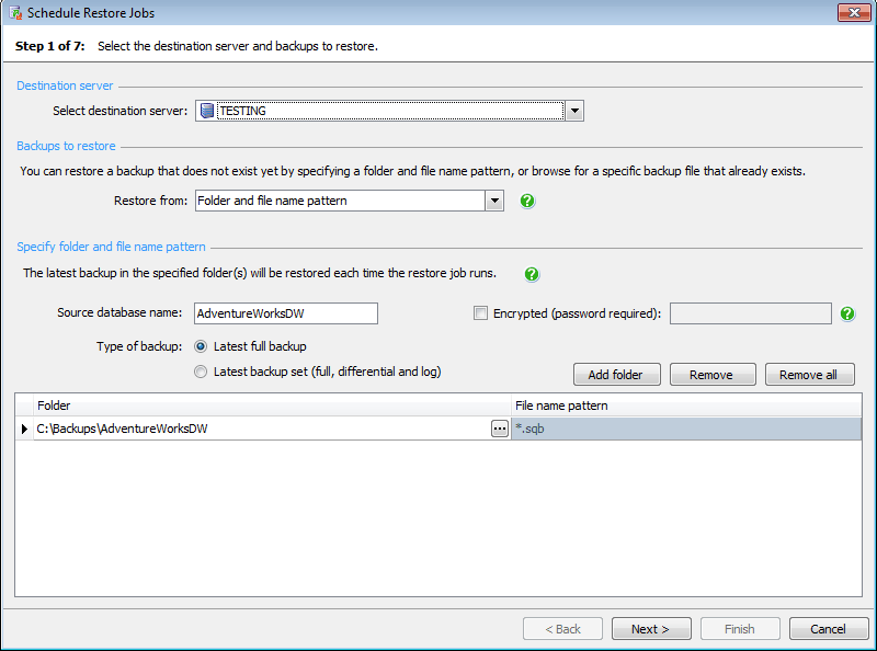 Select the destination server and backups to restore