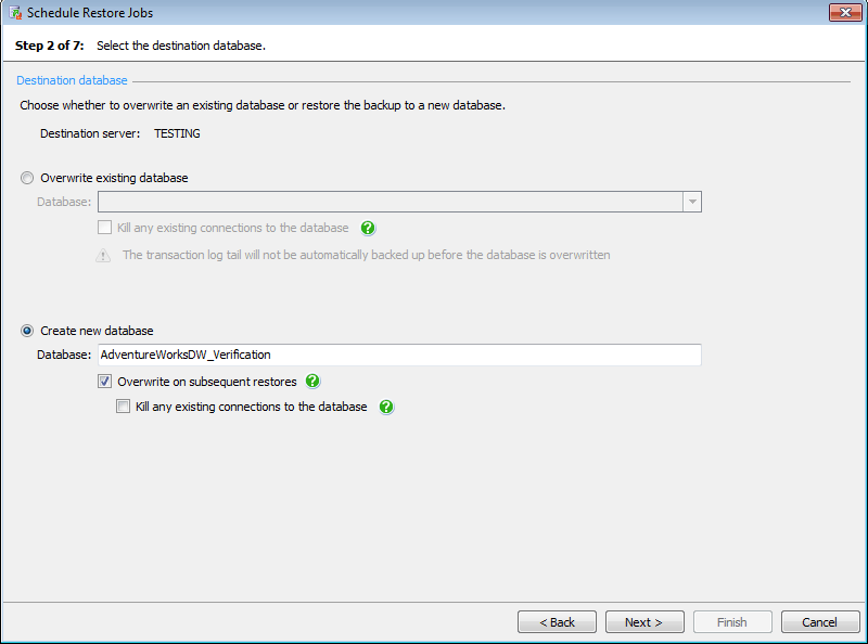 Choose whether to overwrite an existing database or restore to a new database