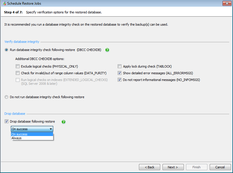 Specify the verification options for the restored database