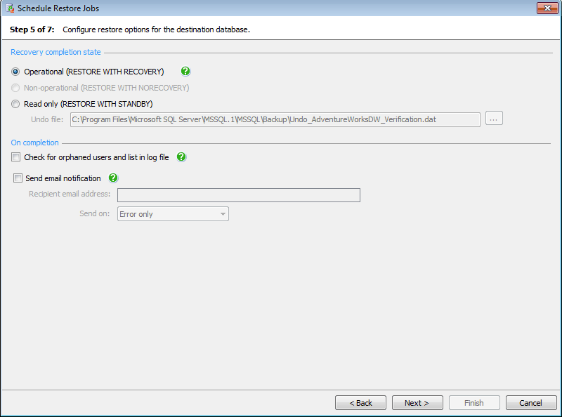 Configure restore options for the destination database