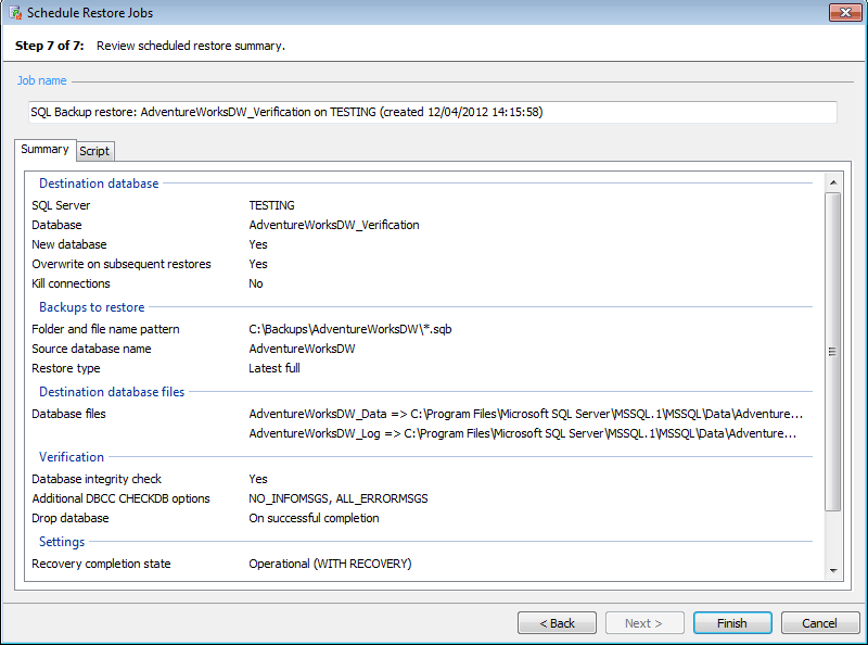 Review a summary of the scheduled restore and complete