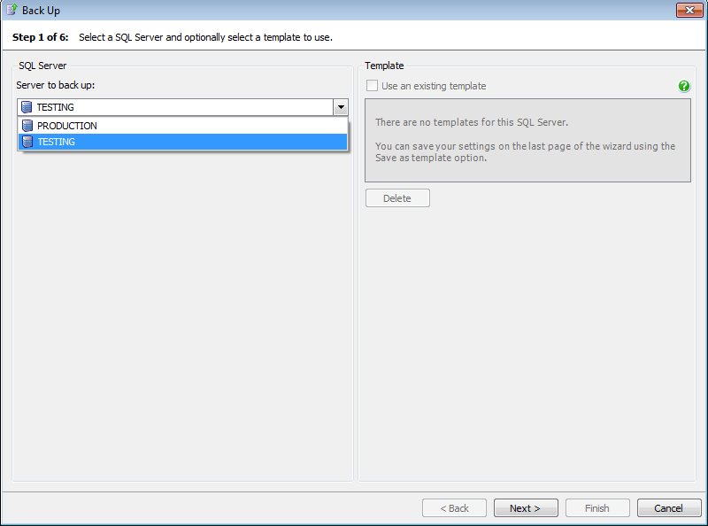 Selecting the server to back up