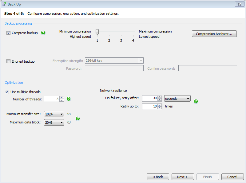 Configuring compression,network resilience and encryption settings