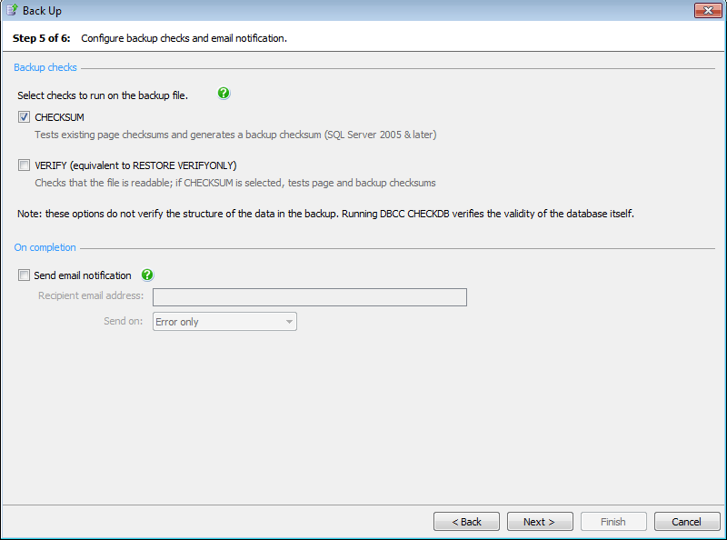 Configure backup checks and email notification