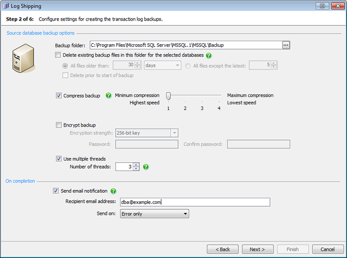 Configure the transaction log backup options