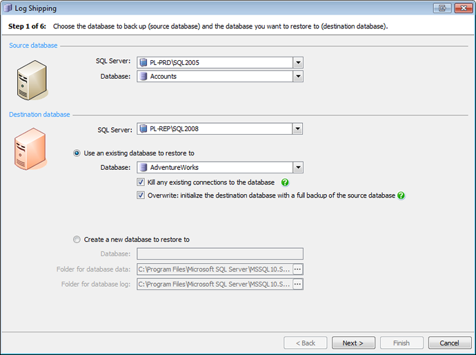 Choosing the source and the destination databases