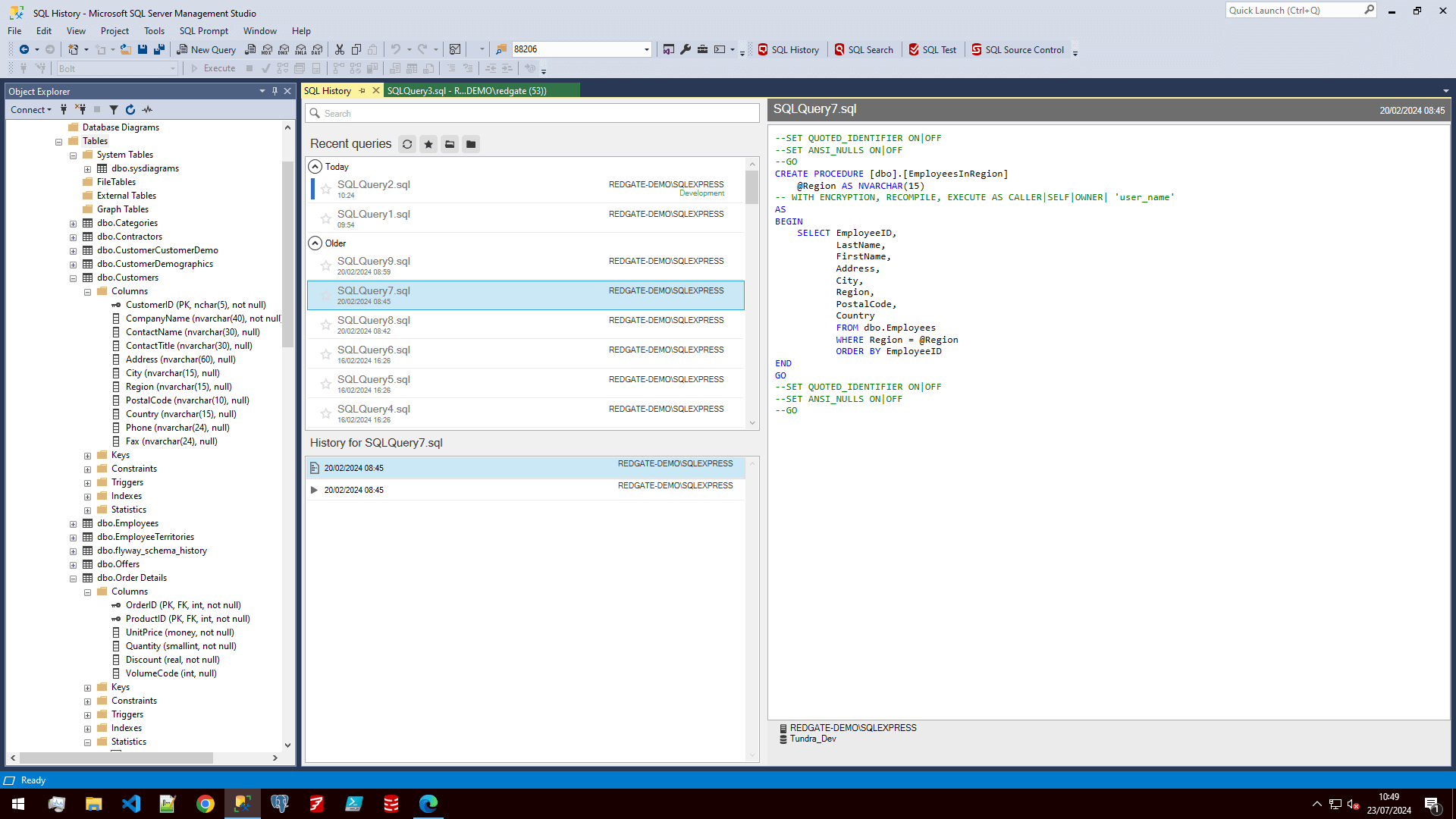 Screenshot showing SQL Prompt's code formatting in SQL Server Management Studio