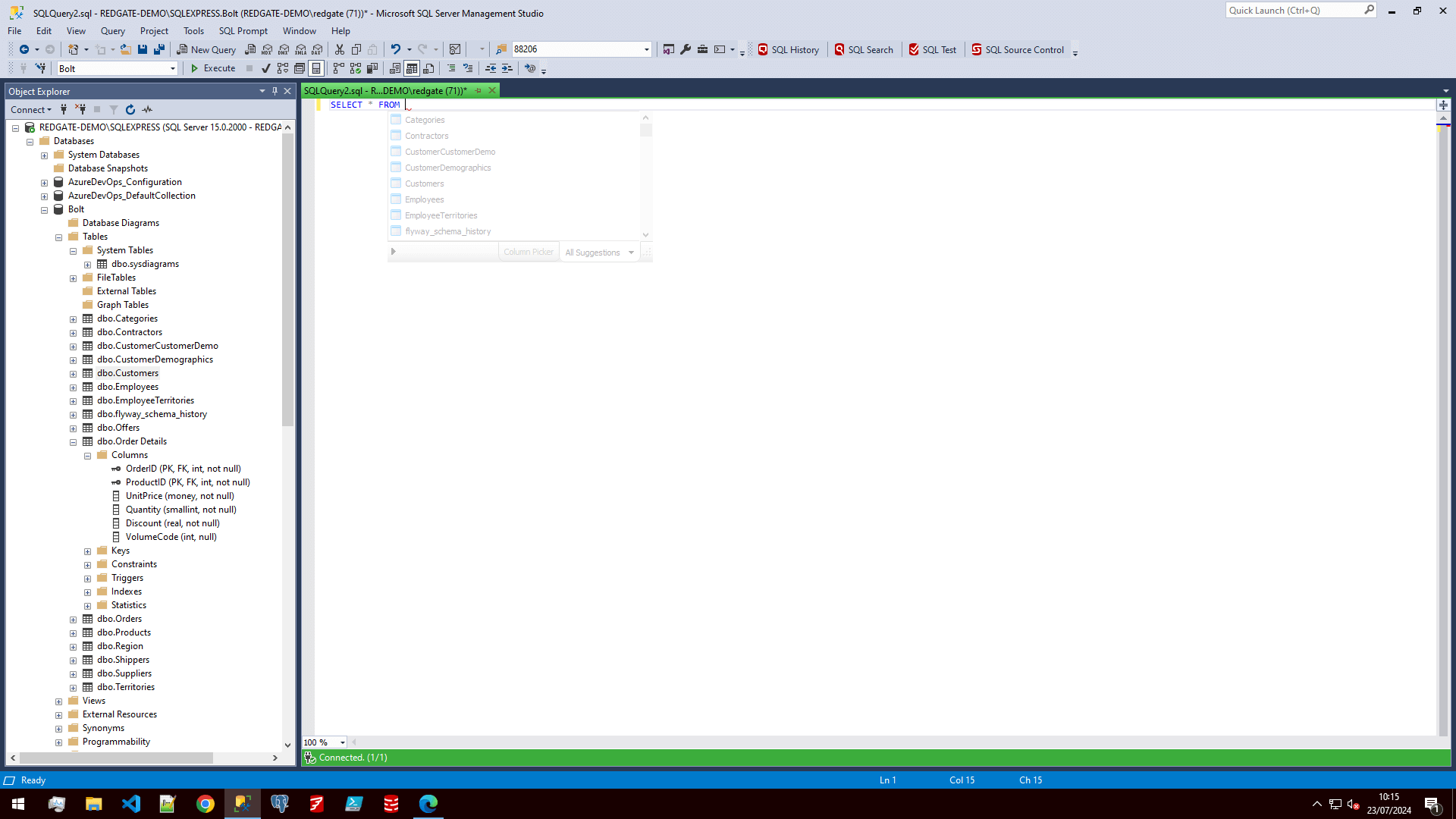 Screenshot showing SQL Prompt's code suggestion in SQL Server Management Studio