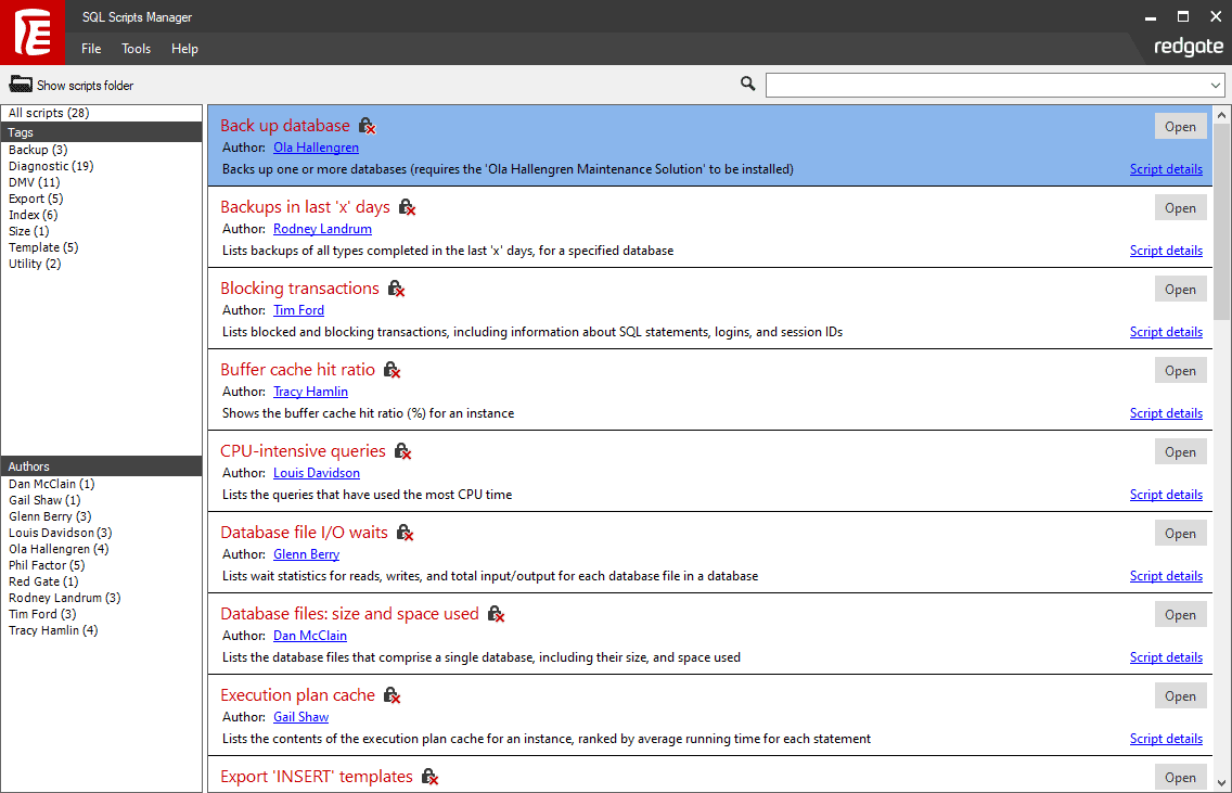 Overview of all scripts in SQL Scripts Manager